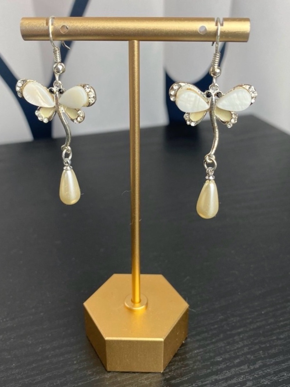 Elegant White Butterfly Drop Earrings with Pearl Teardrops